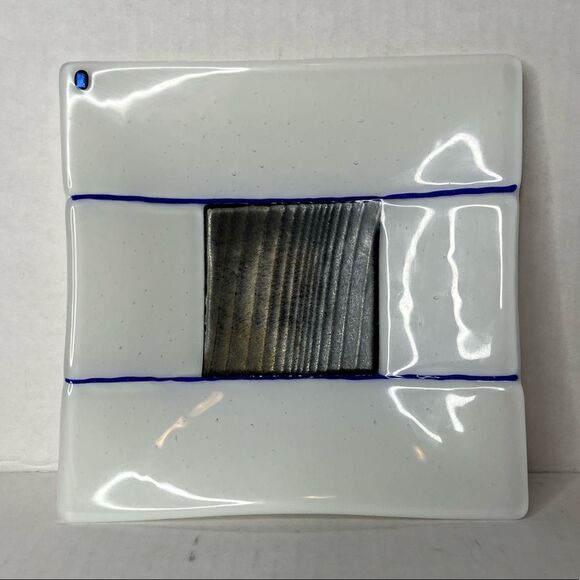 Fused Glass Trinket Plate Handmade‎ Blue Gray White Square 6.5” Murano Style - Picture 4 of 7